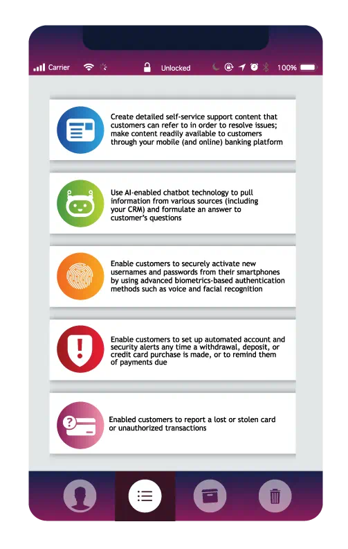 Create detailed self-service support content that customers can refer to in order to resolve issues; make content readily available to customers through your mobile (and online) banking platform. Use AI-enabled chatbot technology to pull information from various sources (including your CRM) and formulate an answer to customers' questions. Enable customers to securely activate new usernames and passwords from their smartphones by using advanced biometrics-based authentication methods such as voice and facial recognition. Enable customers to set up automated account and security alerts any time a withdrawal, deposit, or credit card purchase is made, or to remind them of payments due. Enable customers to report a lost or stolen card or unauthorized transactions.