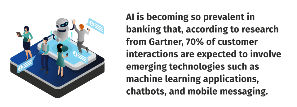 Image reflecting AI is becoming so prevalent in banking that, according to research from Gartner, 70% of customer interactions are expected to involve emerging technologies such as machine learning applications, chatbots, and mobile messaging.