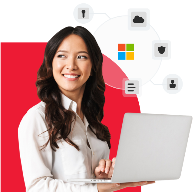 women with laptop and microsoft icons