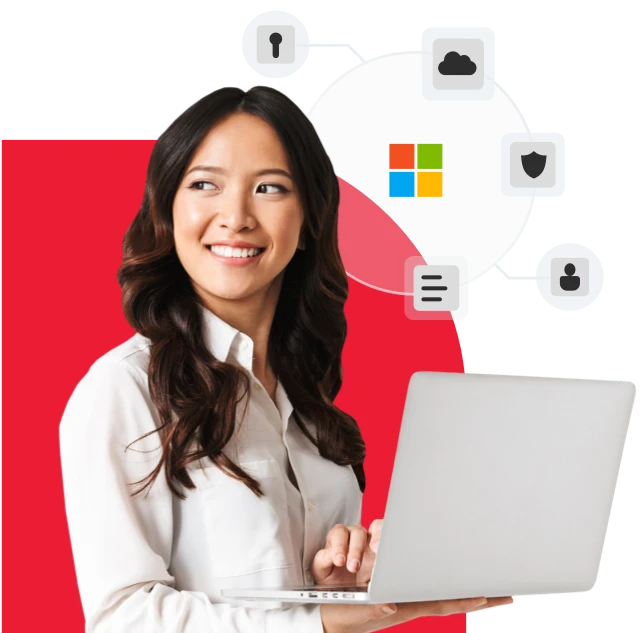 smiling woman with laptop and microsoft icon