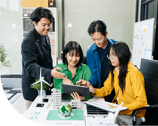 Group of Thai professionals collaborating on project management using Dynamics 365 Project Operations